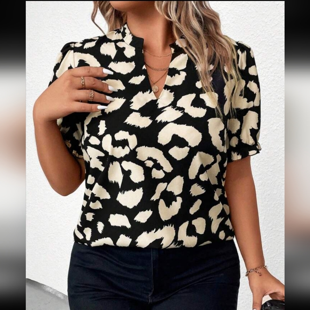 SHEIN | Lantern Sleeve Notch Neck Print Blouse